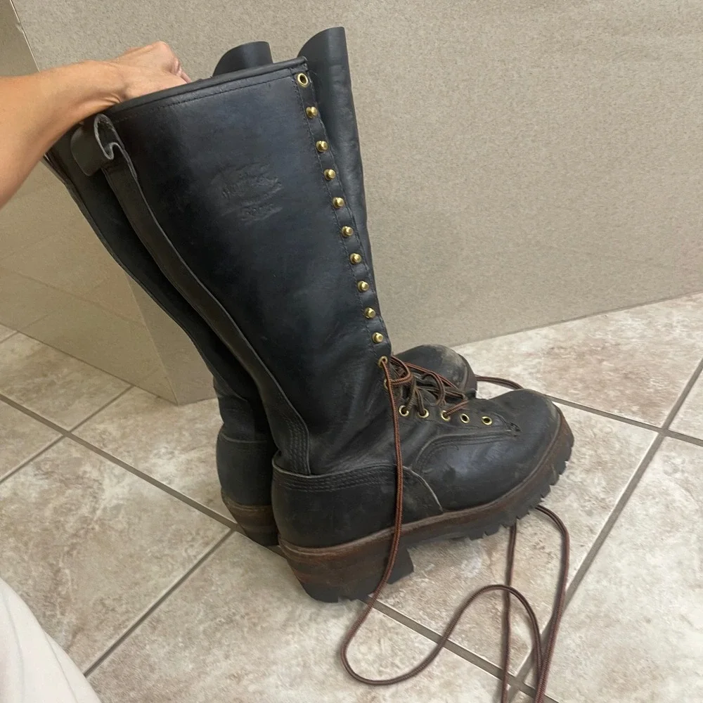 Hoffman lineman Boots Mens Black Leather Tall Logger Work boots size 9.5D